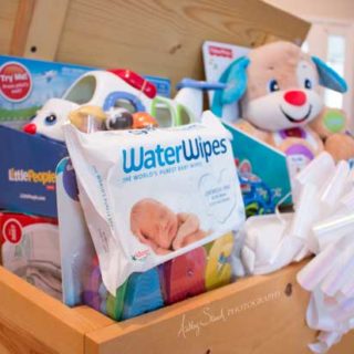 baby shower basket with toys and wipes