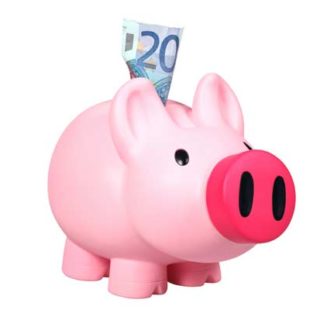 Image of a piggy bank with money sticking out of it