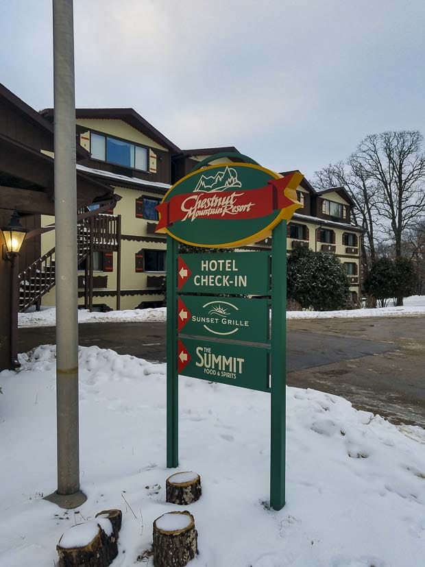 Chestnut Mountain hotel in winter check-in
