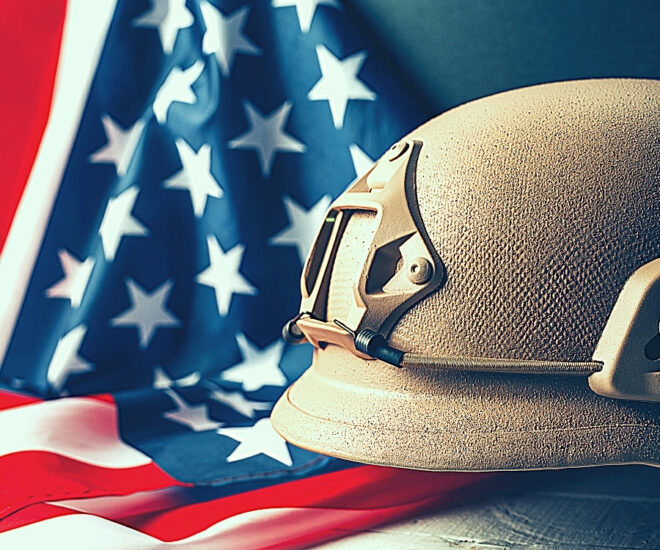 Miltary Museum - solder helmet on American flag background