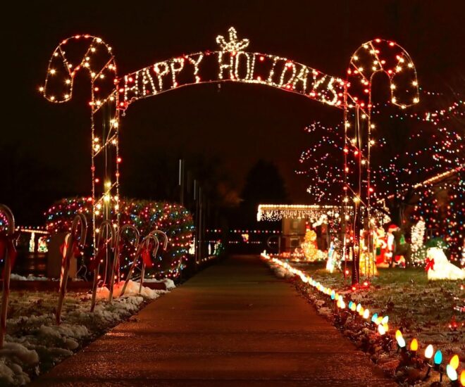 Holiday Christmas lights and Happy Holidays entrance