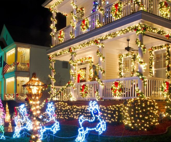 Holiday Christmas lights on decorations and house